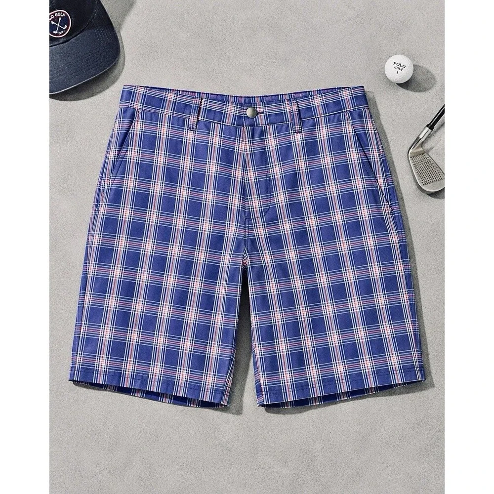 Callaway Golf Men’s Blue Plaid Flat Front Shorts 30 Pockets Belt Loops Logo